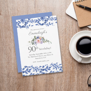 Invitation Bleu Blanc Floral Joyeux Anniversaire