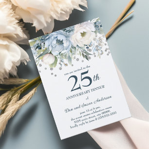 Invitation Bleu Blanc Floral Parties scintillant d'argent 25e