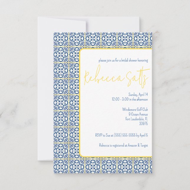 Invitation Bleu Blanc Jaune Carrelage Méditerranéen Fête des  (Devant)