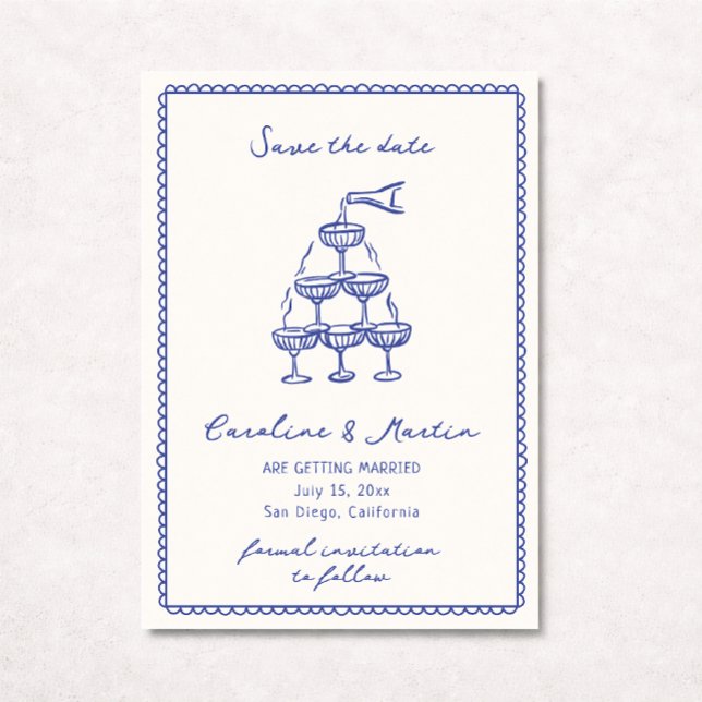 Invitation Bleu blanc, mariage dessiné à la main enregistrer  (Créateur téléchargé)
