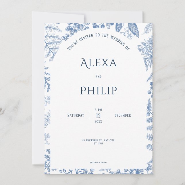 Invitation Bleu blanc Mariage moderne classique (Devant)
