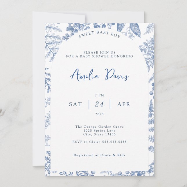 Invitation Bleu Blanc Moderne Classique Floral Baby Boy Douch (Devant)