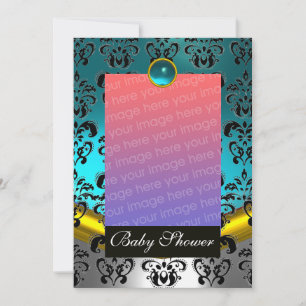 INVITATION BLEU BLANC NOIR DAMAS BÉBÉ SHOWER MONOGRAMME