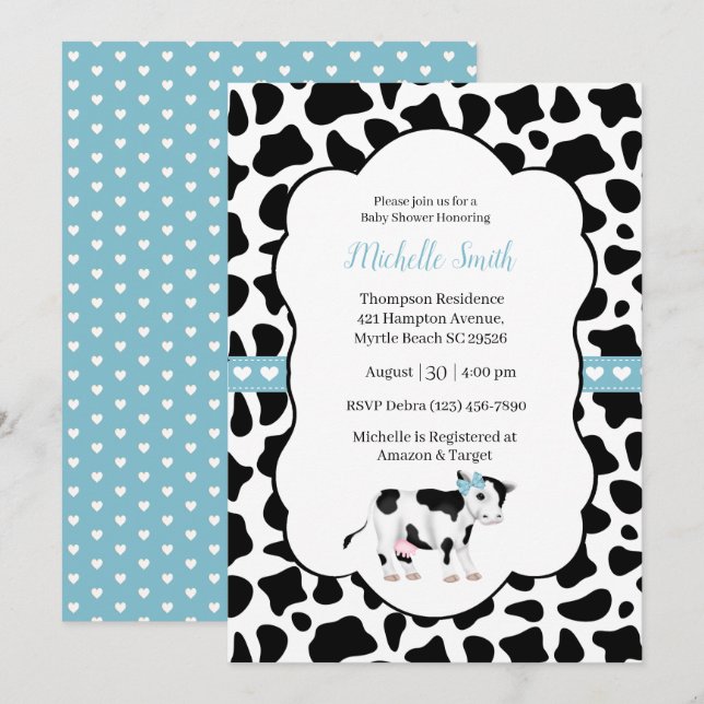 Invitation Bleu Blanc Noir Vache Imprimer Baby shower Invitat (Devant / Derrière)