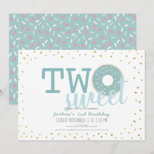 Invitation Bleu Blanc Or Donut Deux Garçon Doux 2e anniversai
