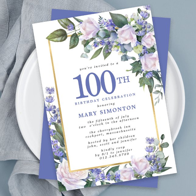 Invitation Bleu Blanc Or Floral 100e anniversaire (Créateur téléchargé)