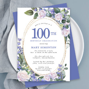 Invitation Bleu Blanc Or Floral 100e anniversaire