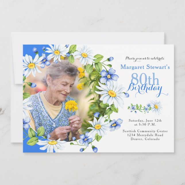 Invitation Bleu Blanc Pays Daisy Photo 80e anniversaire (Devant)
