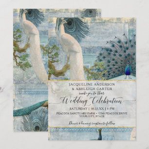 Invitation Bleu blanc Peacock Élégant Vintage Script Monogram