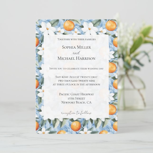Invitation Bleu Blanc Sicilien Été Floral Oranges Mariage (Debout devant)