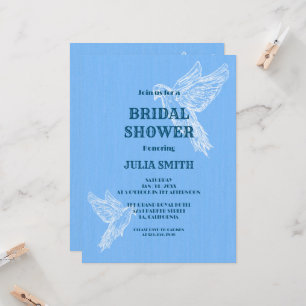 Invitation Bleu Blanc Simple Elégant Oiseau   FÊTE DES MARIÉE