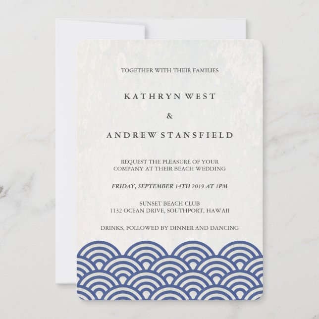 Invitation Bleu + Blanc Stylisé Vagues Elégante Plage Mariage (Devant)