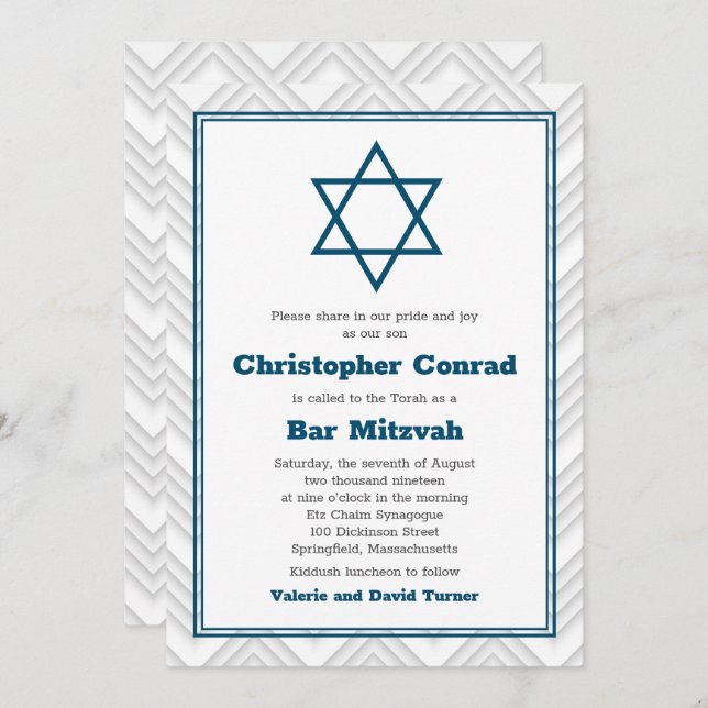 Invitation Bleu Blanc traditionnel Bar Mitzvah (Devant / Derrière)