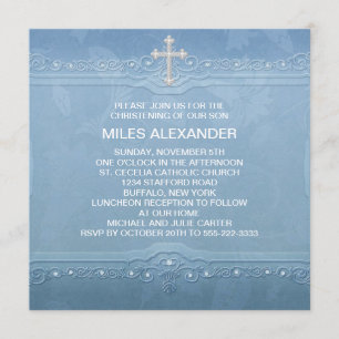 Invitation Bleu Blancs Élégant Bébé Garçon Christening