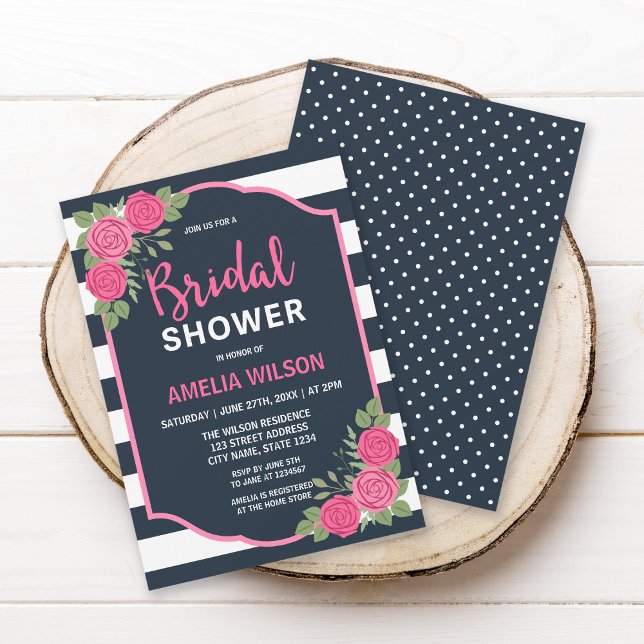 Invitation Bleu Blancs Fête des mariées Roses Roses Rose (Créateur téléchargé)