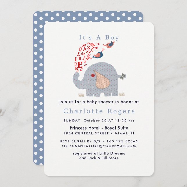 Invitation Bleu bleu Alphabet Rouge Eléphant Bébé Garçon Douc (Devant / Derrière)