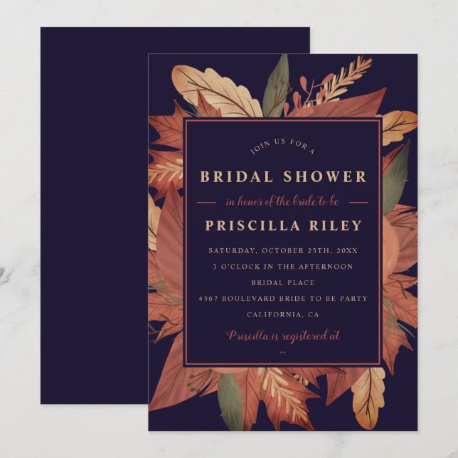 Invitation Bleu bleu bleu bleu automne brun douche à nuptiale (Devant / Derrière)