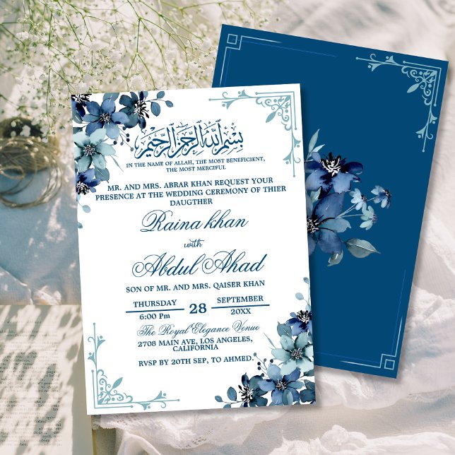 Invitation Bleu bleu bleu bleu floral islamique Mariage musul (Créateur téléchargé)