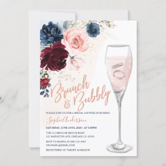 Invitation Bleu bleu Bourgogne Blush Floral Brunch et Bubbly
