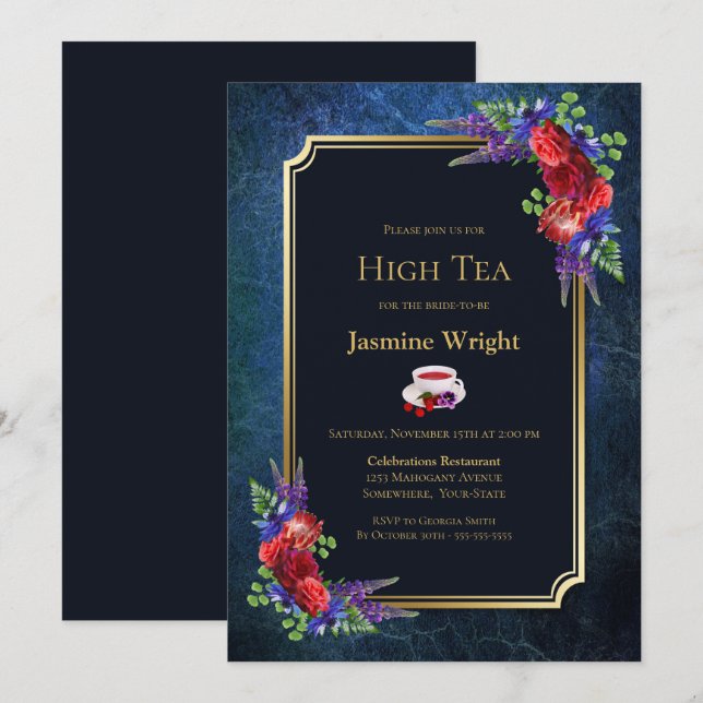 Invitation Bleu bleu Bourgogne Floral Bride High Tea (Devant / Derrière)