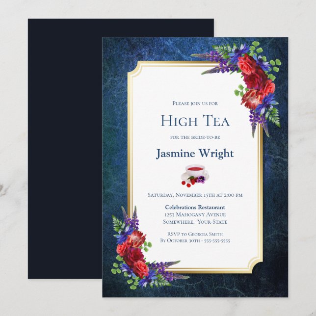 Invitation Bleu bleu Bourgogne Floral Bride High Tea (Devant / Derrière)