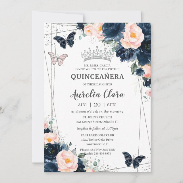Invitation Bleu bleu Floral Papillons Quinceañera (Devant)