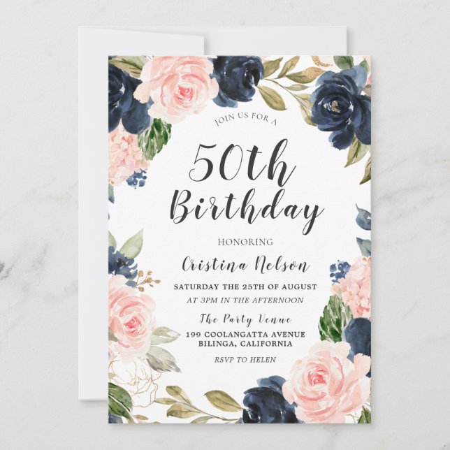 Invitation Bleu bleu marine Aquarelle 50e anniversaire (Devant)