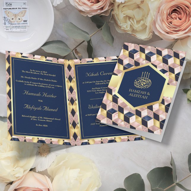 Invitation Bleu bleu marine bleu géométrique Mariage musulman (Créateur téléchargé)