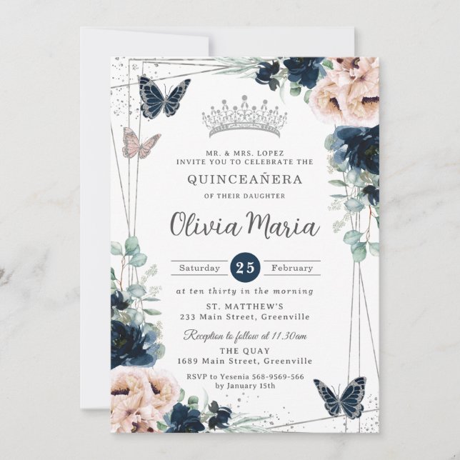 Invitation Bleu bleu marine Papillons floraux Quinceañera (Devant)