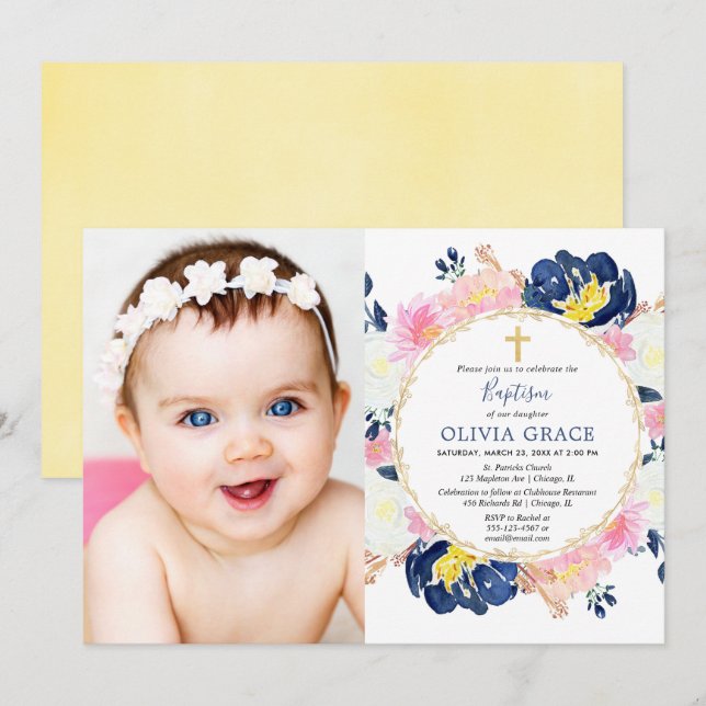 Invitation Bleu bleu marine rose floral fille baptême photo (Devant / Derrière)