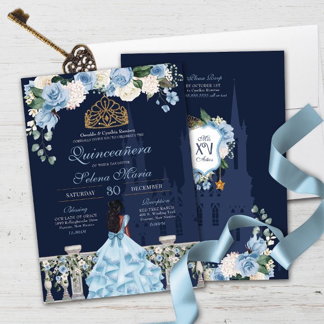 Invitation Bleu bleu marine Roses Princesse Quinceañera (Créateur téléchargé)