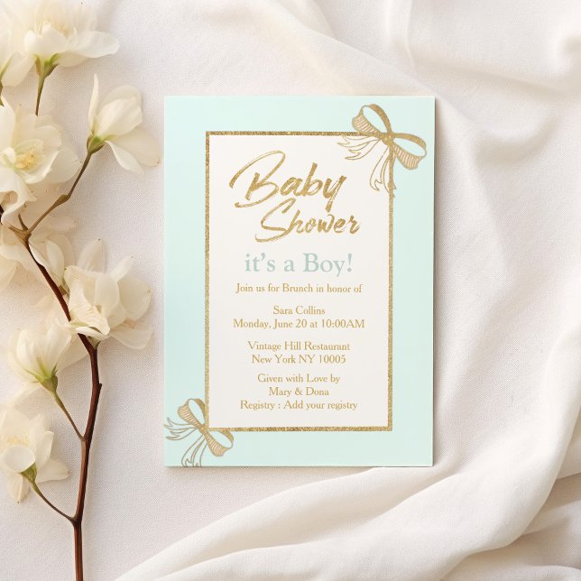 Invitation Bleu bleu or parties scintillant arc Baby shower g (Blush blue gold glitter bow Boy Baby Shower)