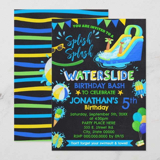 Invitation Bleu bleu vert pour fête d'anniversaire (Devant / Derrière)