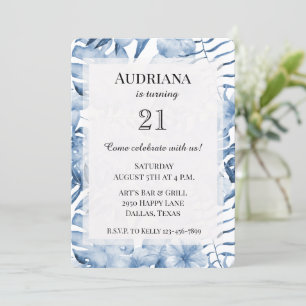 Invitation Bleu bleu violet tropical Feuille Anniversaire