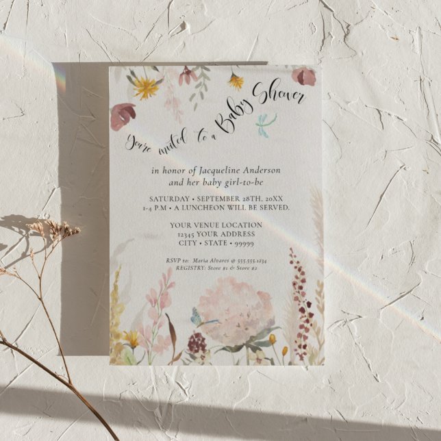 Invitation Bleu BOHO Aquarelle Florale Papillon Bébé Fille (Créateur téléchargé)
