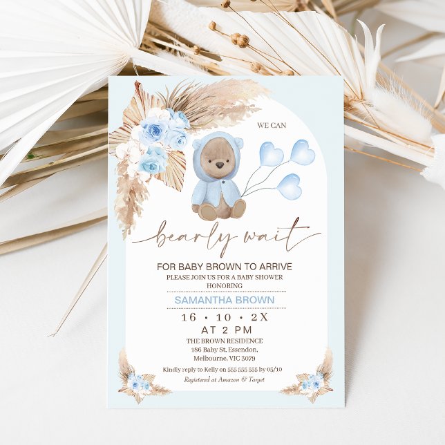 Invitation Bleu Boho Arc Floral Bearly Wait Baby shower (Boy's blue boho floral and arch we can bearly wait for baby to arrive baby shower invitation.)