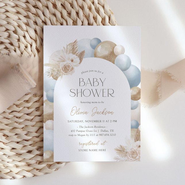 Invitation Bleu Boho Pampas Grass Arch Baby shower garçon (Créateur téléchargé)