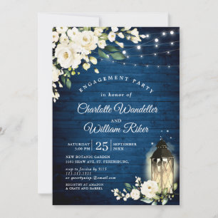 Invitation Bleu Bois blanc Roses Lanterne