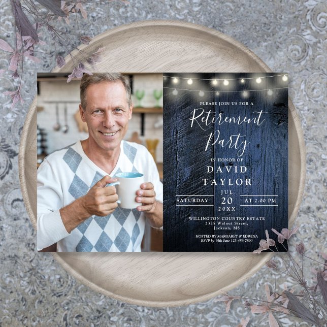 Invitation Bleu Bois Chaîne Lumières Parti de retraite Photo (Blue Wood String Lights Retirement Party Photo Invitation)