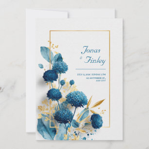 Invitation Bleu Botanique Chrysanthemum & Mariage de cadre Or