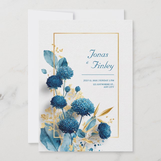 Invitation Bleu Botanique Chrysanthemum & Mariage de cadre Or (Devant)