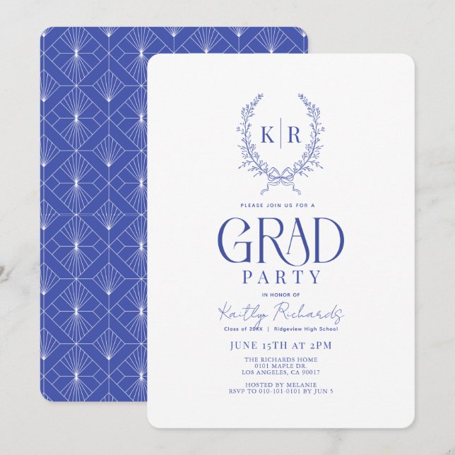 Invitation Bleu Botanique Crest Monogramme Graduation (Devant / Derrière)