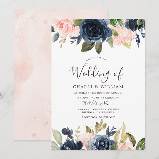 Invitation Bleu botanique moderne et Mariage floral de marine (Devant / Derrière)