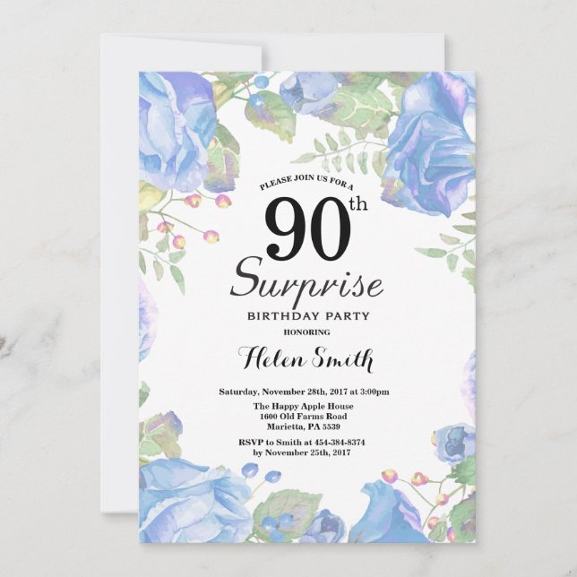 Invitation Bleu botanique Surprise 90e anniversaire (Devant)