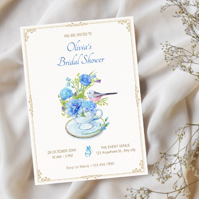 Invitation Bleu bouquet oiseau nuptiale (Créateur téléchargé)
