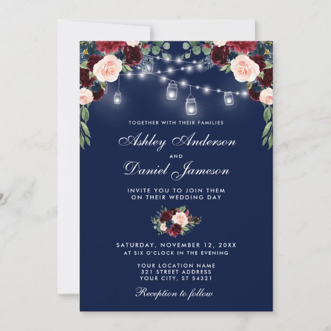 Invitation Bleu Bourgogne Aquarelle Lumières Florales Mariage (Devant)