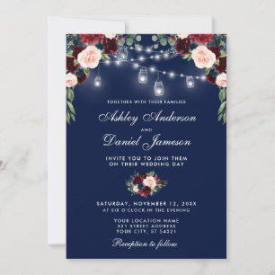Invitation Bleu Bourgogne Aquarelle Lumières Florales Mariage