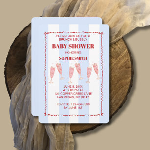 Invitation Bleu Bouton Bordure Rouge Brunch & Baby shower mou