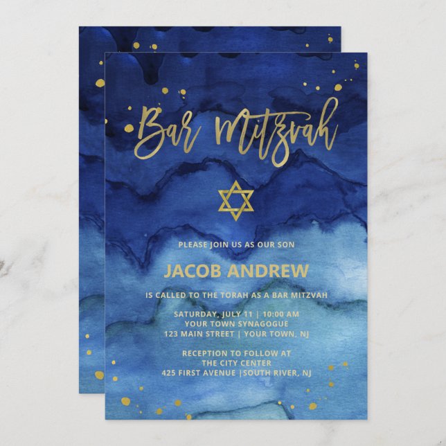 Invitation Bleu brillant et Faux Gold Bar Mitzvah (Devant / Derrière)