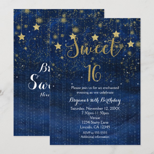 Invitation Bleu brillant & Or étoiles Sweet 16 Party Invitati (Devant / Derrière)
